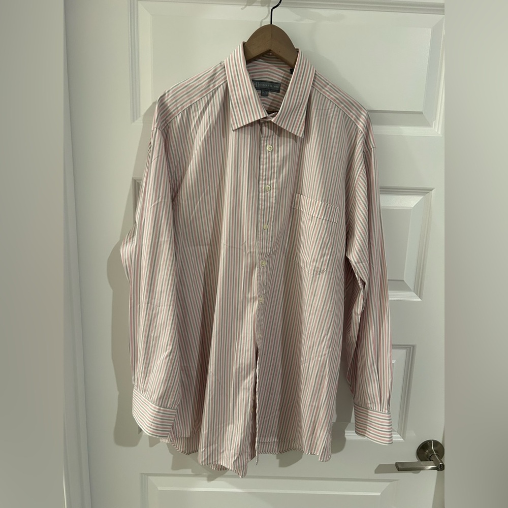 Hickey Freeman Striped Shirt White Pink Gray Size 17.5 Neck
